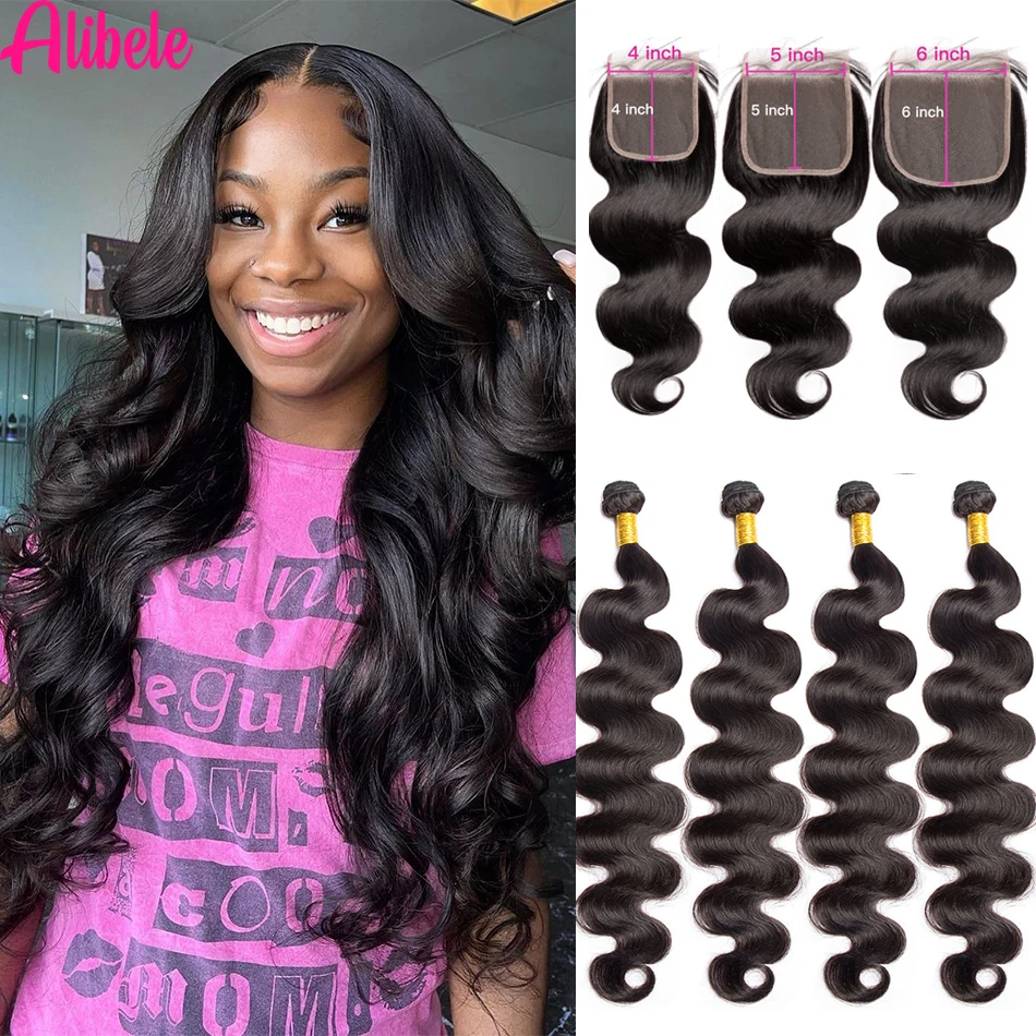 Human Hair Bundles Alibele 6x6 5x5 HD Lace Closure With Bundles Malaysia Body Wave Bundles With Closure Remy Hair Weave 4x4 LaceClosure