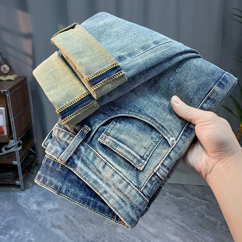 Washed Jeans Men's Spring and Autumn 2024 New Fashion Embroidery Simple Casual All-Match Slim Fit Ankle Tight Trousers