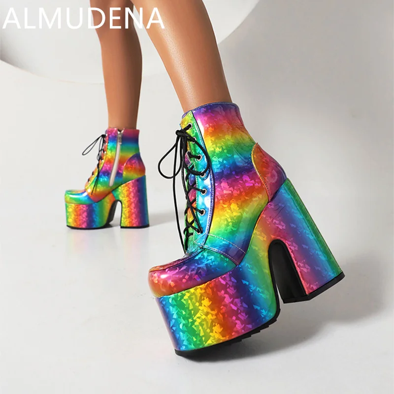 

Winter Fashion Mature Height Increasing Boots For Women Colorful Black Sewing Platforms Square Thick High Heels Wedges Shoes