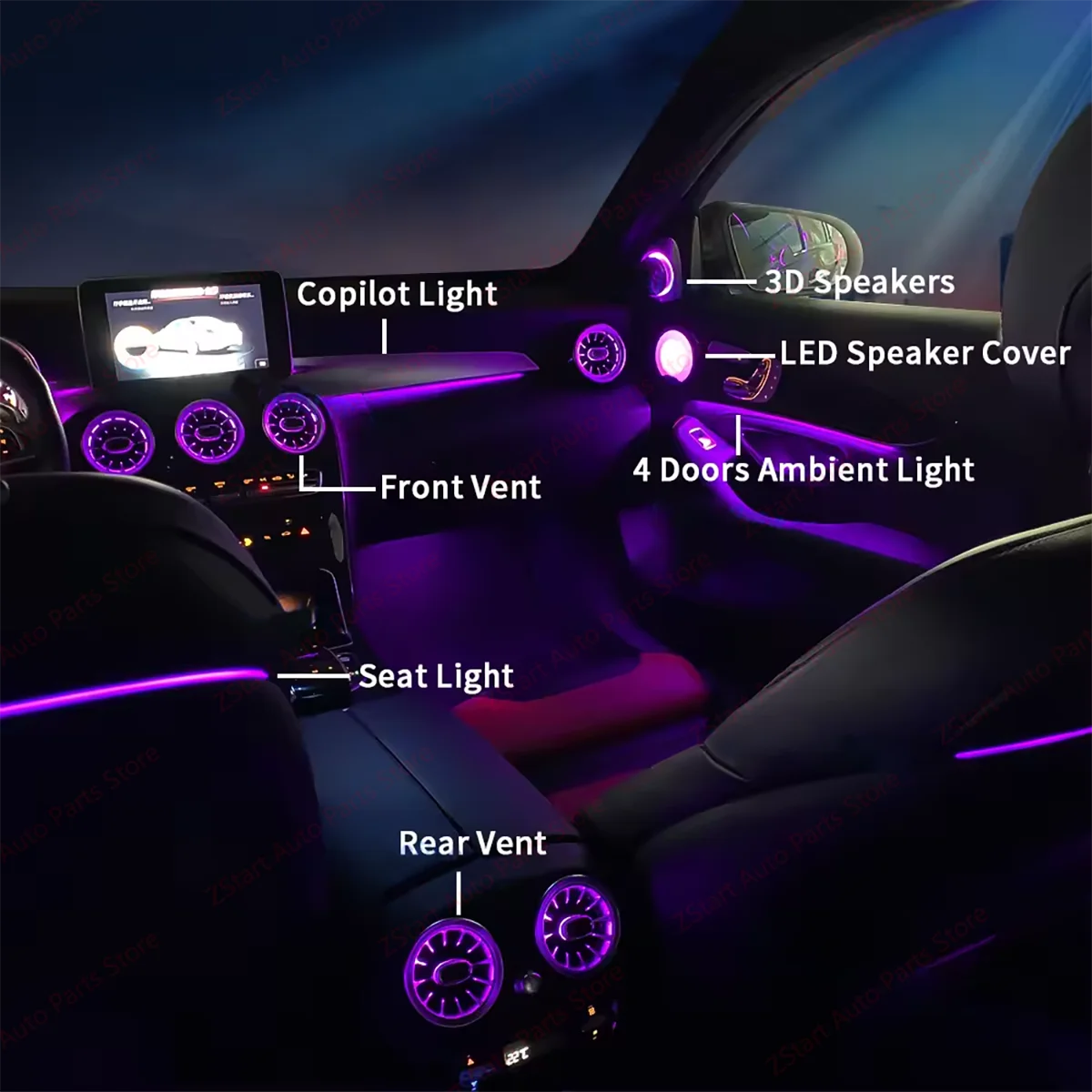 메르세데스 벤츠 W205 AMG C GLC 클래스 쿠페 C43 C63 X253 에어벤트 노즐 스피커 커버 장식 램프용 3/64색상 앰비언트 라이트