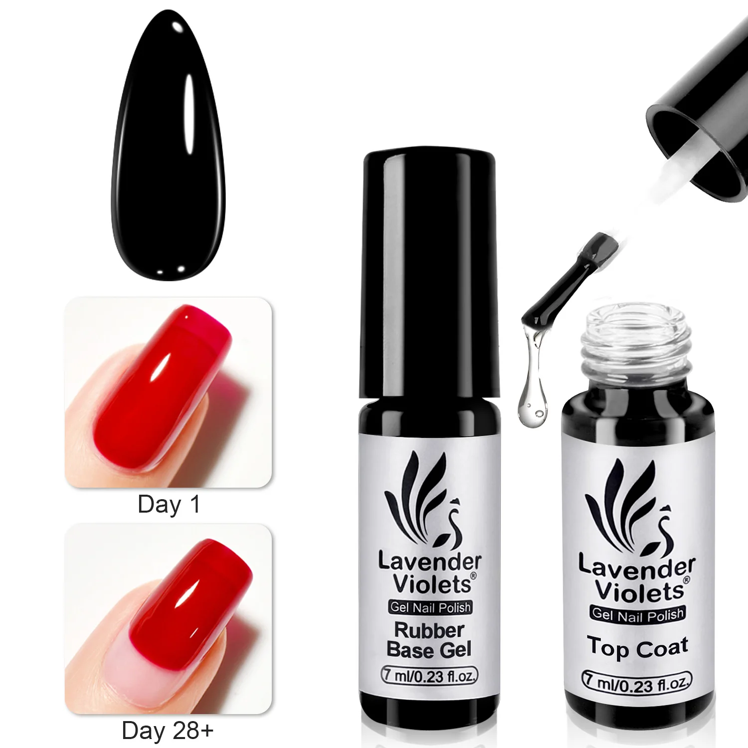 2pcs 7ml Rubber Base Gel & No Wipe Top Coat, Long Lasting Soak Off Nail Gel Varnish for Starter Nail Art Design Manicure