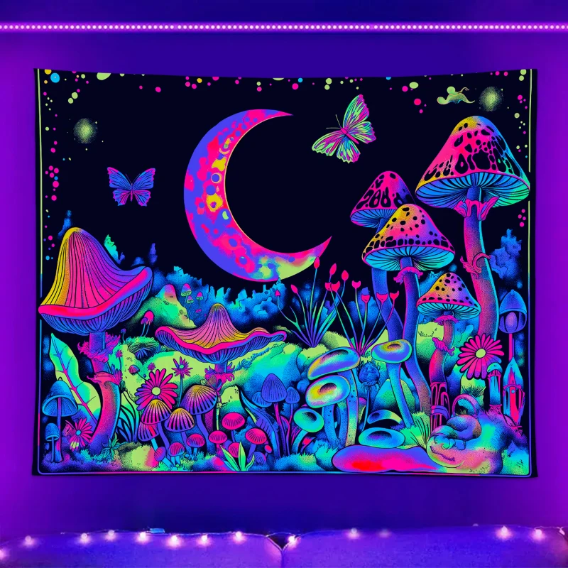 1pc UV reactive mushroom tapestry plant flower starry sky tapestry moon phase butterfly neon light effect tapestry