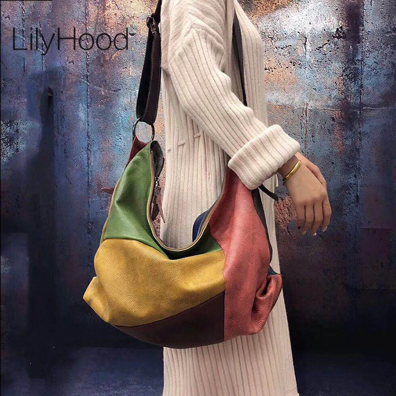 Oversized Female Genuine Leather Patchwork Hobo Slouchy Shoulder 