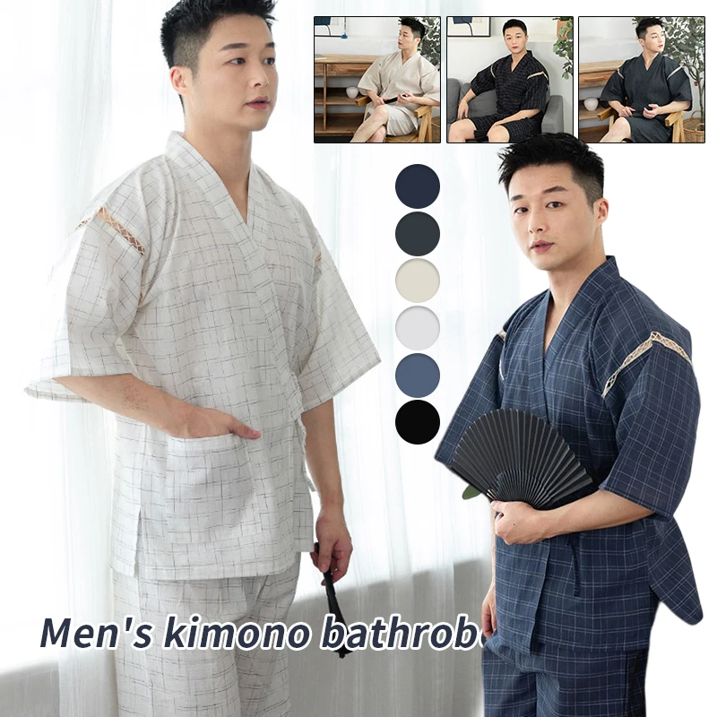 Men Summer Japanese Kimono Set Half Sleeve Shorts Suit Striped Solid Color Sleepwear Spa Sauna Bath Wear Korean Casual Pajamas