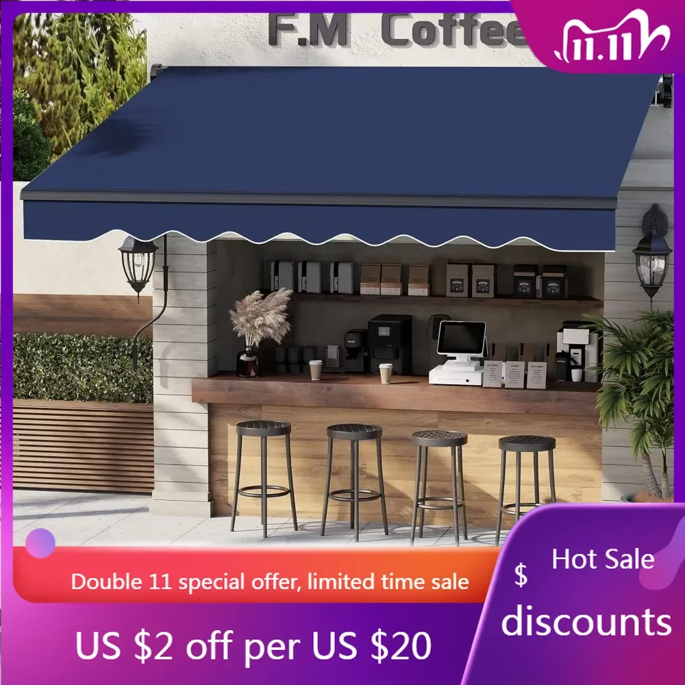 10'x8' Patio Retractable Awnings UV Protection Sun Shade Window Door Shelter with Manual Crank Handle,Waterproof Fabric