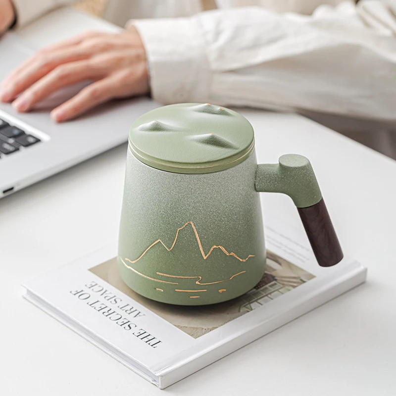 Chinese Style Ceramic Mugs, Home Personal Office Creative Teacup With Cover, Filtered Tea Water Separation, Tea Cups, 480ml, 1Pc