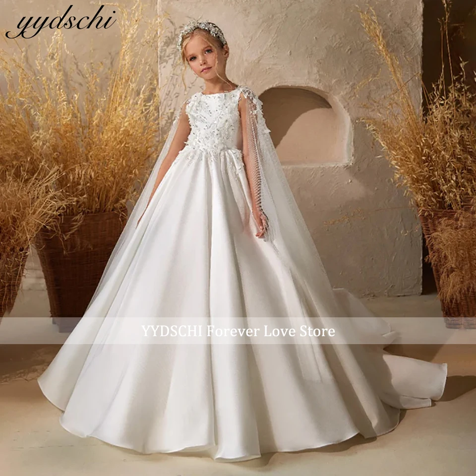 Luxury White Lace Appliques Flower Girl Dress With Cape 2024 A-Line O-Neck White Sleeveless Pearls Beading First Communion Gown
