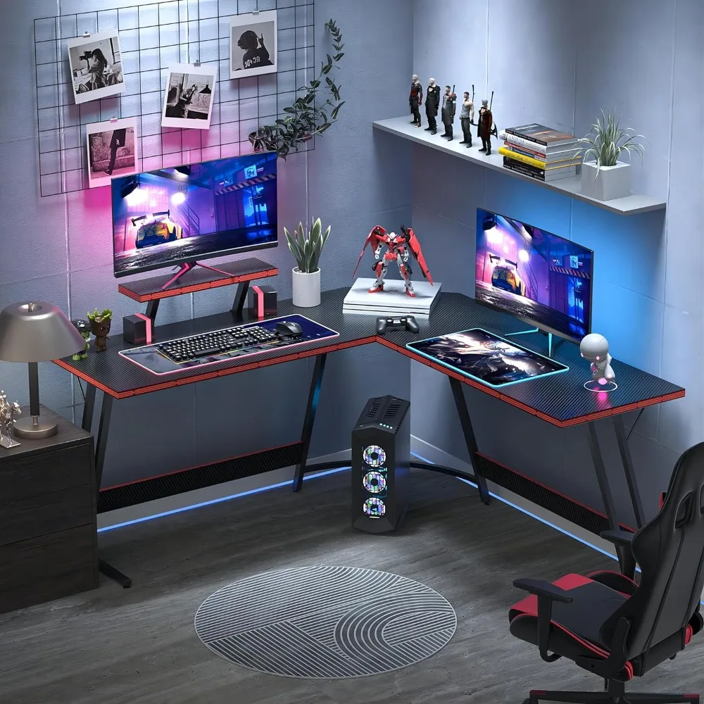 L Shaped Gaming Desk, 51 Inch Computer Corner Table with Large Monitor Stand & Carbon Fiber Surface for Home