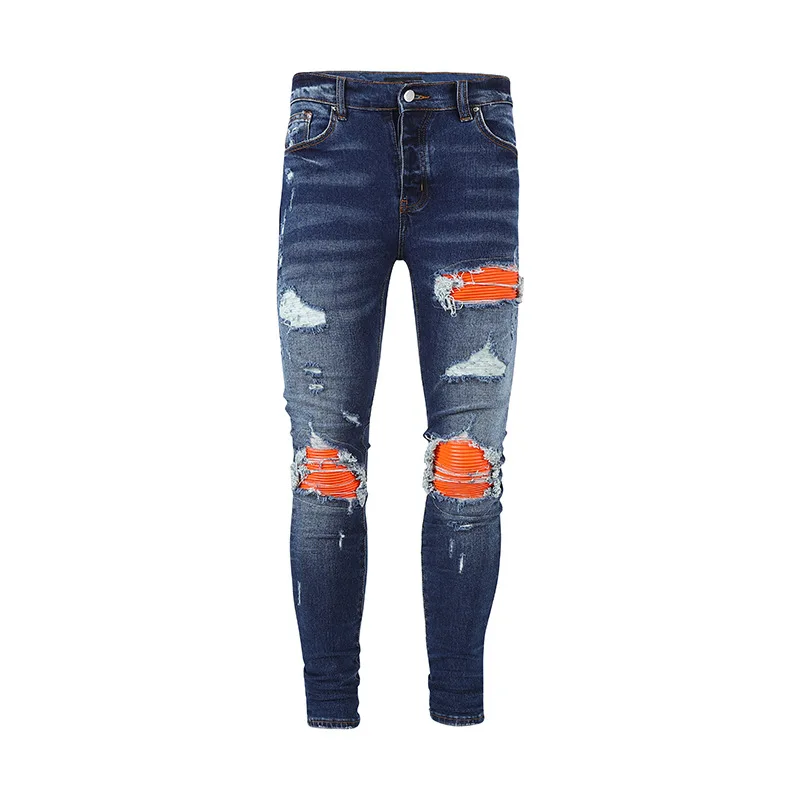 

New arrivals man fashion orange leather patch double knee hole ripped jeans for men patch men's jeans high street denim pants