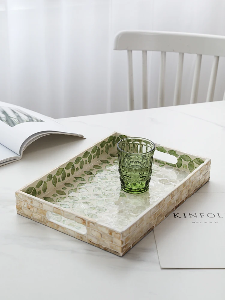 Luxury Rectangle Green Mother Of Pearls Tray With Two Handles Hand Crafted Home Tabletop Decor Storage Plate For Coffee Cups Set 4