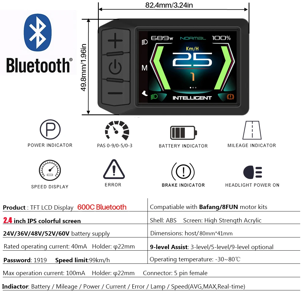 36V 48V 52V LCD 600C Display mit UART-Protokoll und Bluetooth-Funktion für Bafang BBS0102 BBSHD Mittelmotor – Detail 1
