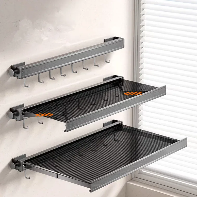 Black invisible folding clothes rack shoe rack retractable mesh wall mounted Aluminum bathroom clothes dryer sock drying Holder