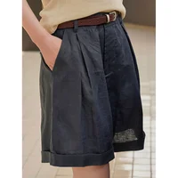 Summer Korea Style Lazy Linen Curled Bermuda Shorts Wide Leg Loose Slim Casual Hot Pants For Women
