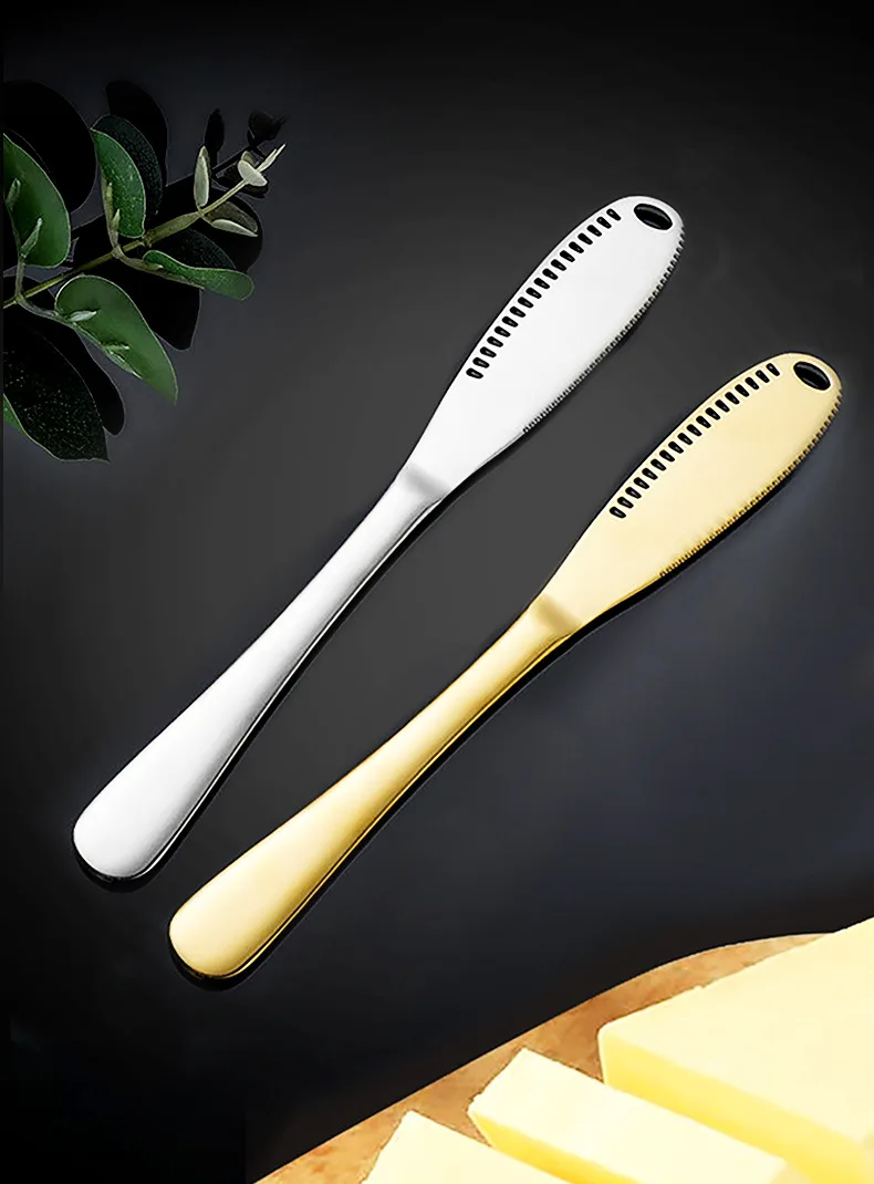 Stainless steel western food butter knife vacuum titanium plating household butter cheese baking knife with holes