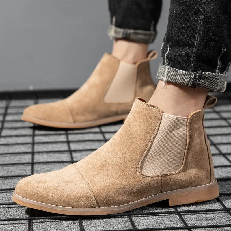 Fashion Yellow Chelsea Boots Men Pointed Comfortable Dress Boots Men Slip On Cheap Men\'s Suede Shoes Zapatos Hombre Casual224