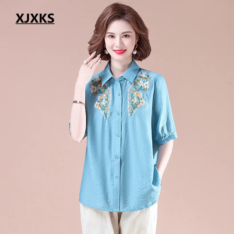

XJXKS Fashion Lapel Three-quarter Sleeve Top Women's Shirt 2022 Summer And Autumn New Loose Plus Size Female Blouses
