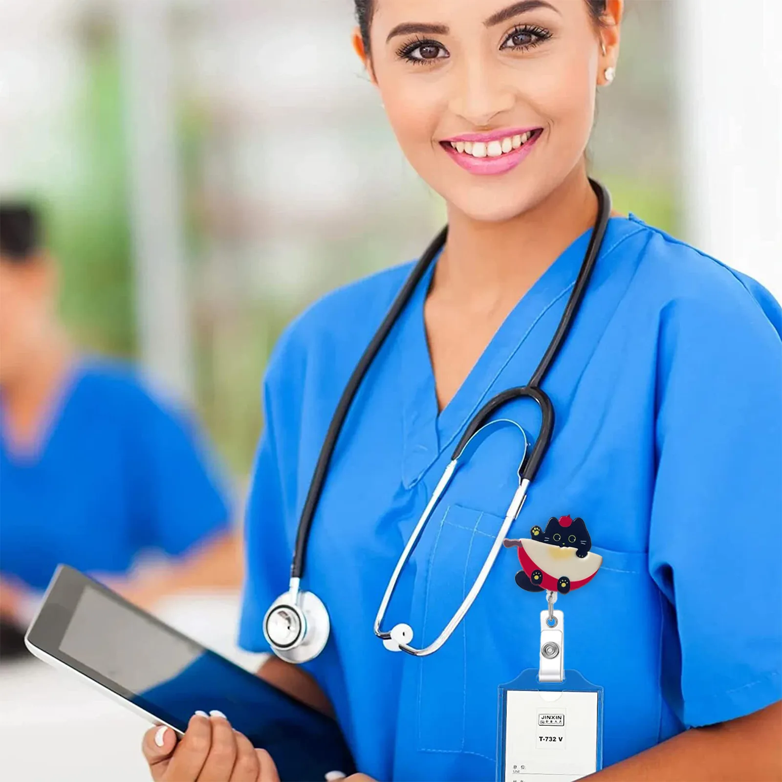 New Red Apple Retractable Nurse Badge Scroll Cute Little Black Cat Student Worker Name Tag Id Card Holder Key Lanyard