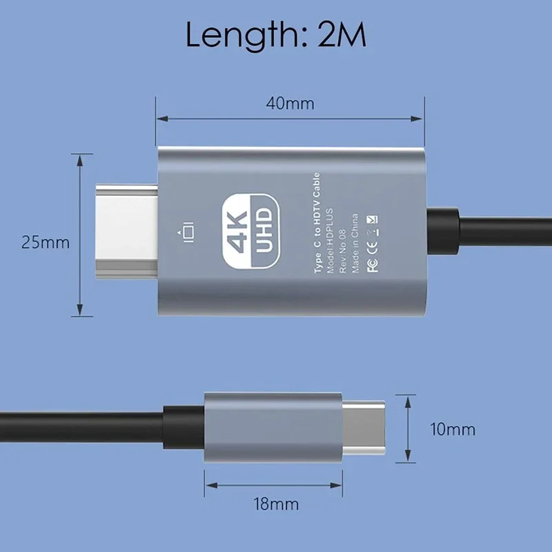 USB C To HDMI Cable 2M/6.6FT 4K 30/60Hz Type C To HDMI HD TV Converter Adapter For IPhone 15 MacBook Pro/Air IPad Samsung Laptop