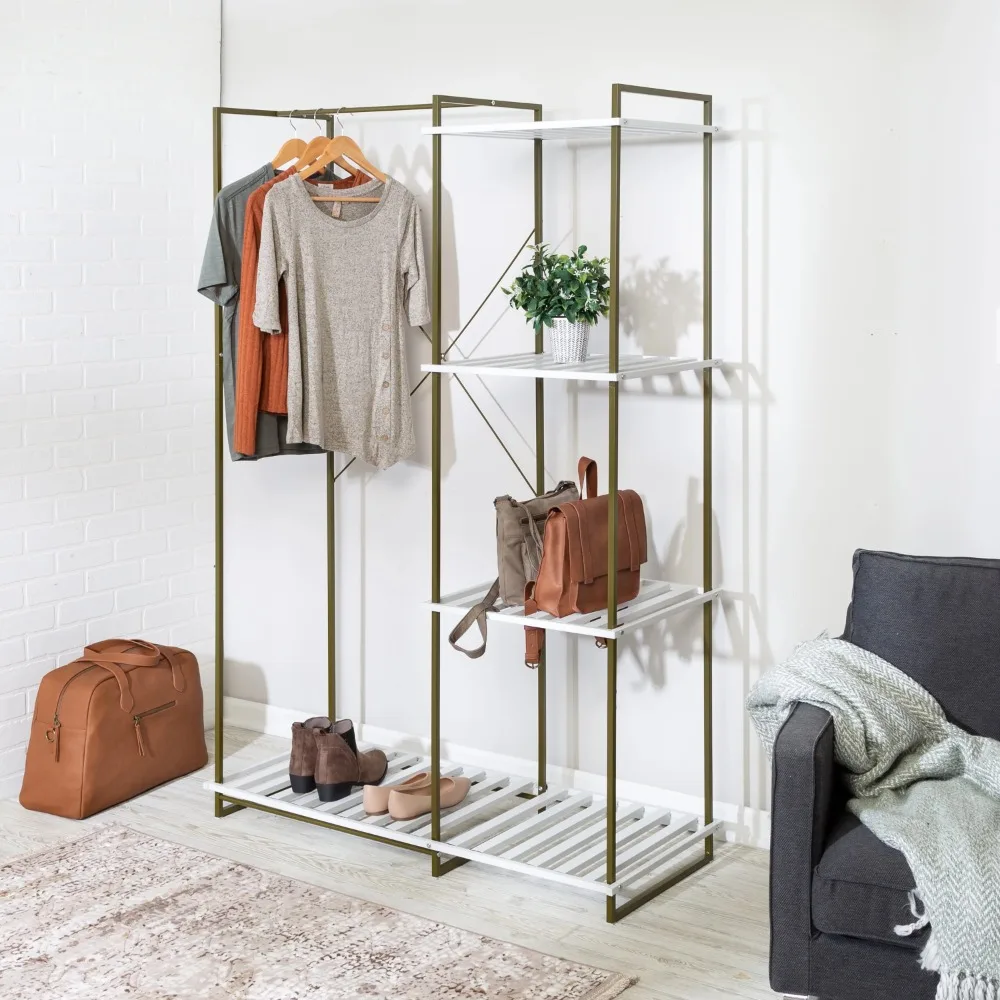 

Freestanding Open Metal Closet Wardrobe with 4 Shelves Olive/White Bedroom Clothes Hanger Independent Clothes Hanger