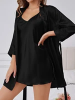 Womens Pajama Set Minimalist Solid Color Sleeveless Nightgown with Matching Robe Wearable Loungewear - Image 3