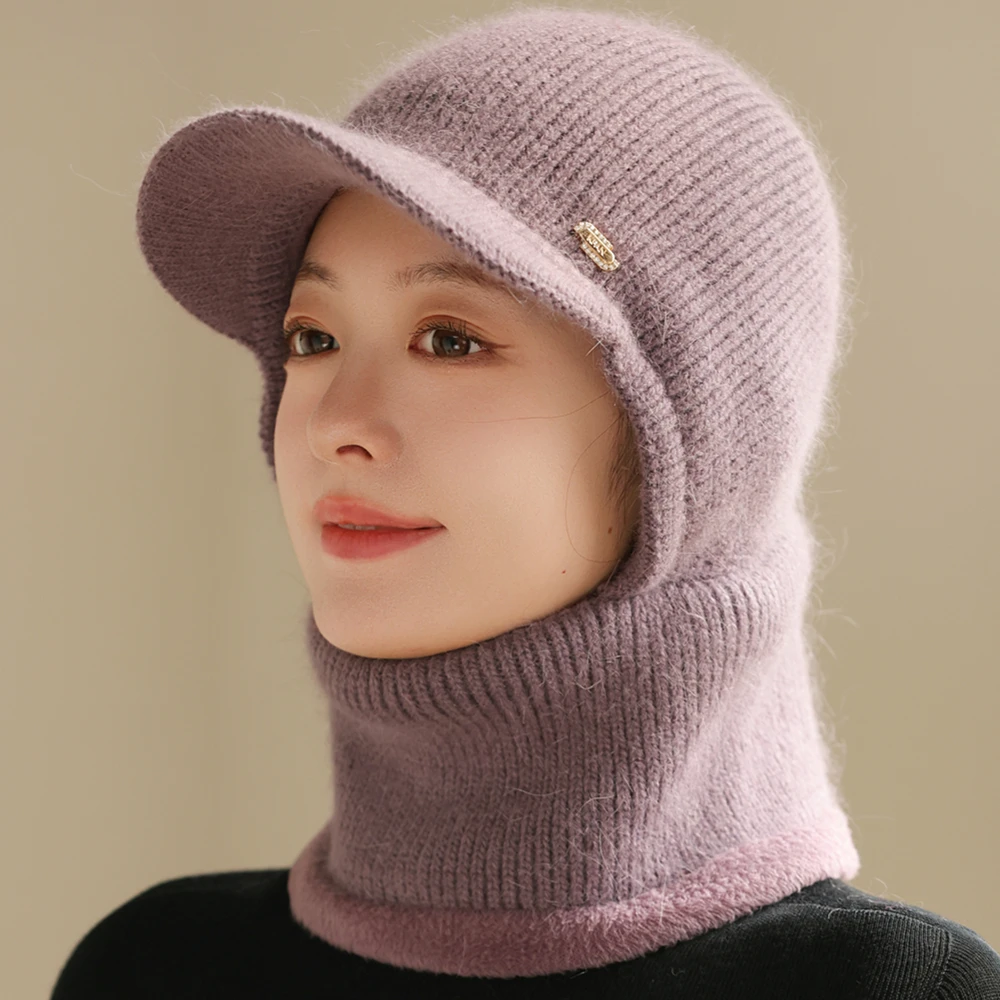 Hot Sale Winter Balaclava Cap Women Keep Warm Windproof Knitted Hat Neck Protection Beanie Cap Plush Fur Lined Hats For Women