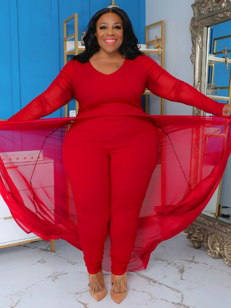 Wmstar Plus Size Jumpsuit Women Clothes Sexy Solid Bodycon Mesh V Neck Sleeve Romper One Piece Outfit Wholesale Dropshipping