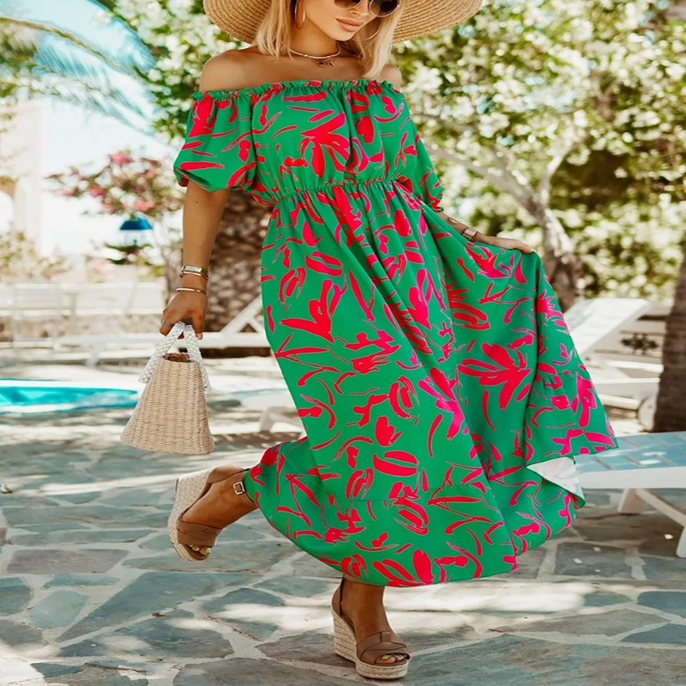 

Tropical Rainforest Printed Backless Dress for Women Off Shoulder Split Mid Sleeve Summer Hoilday Beach Casual Sundress Vestido