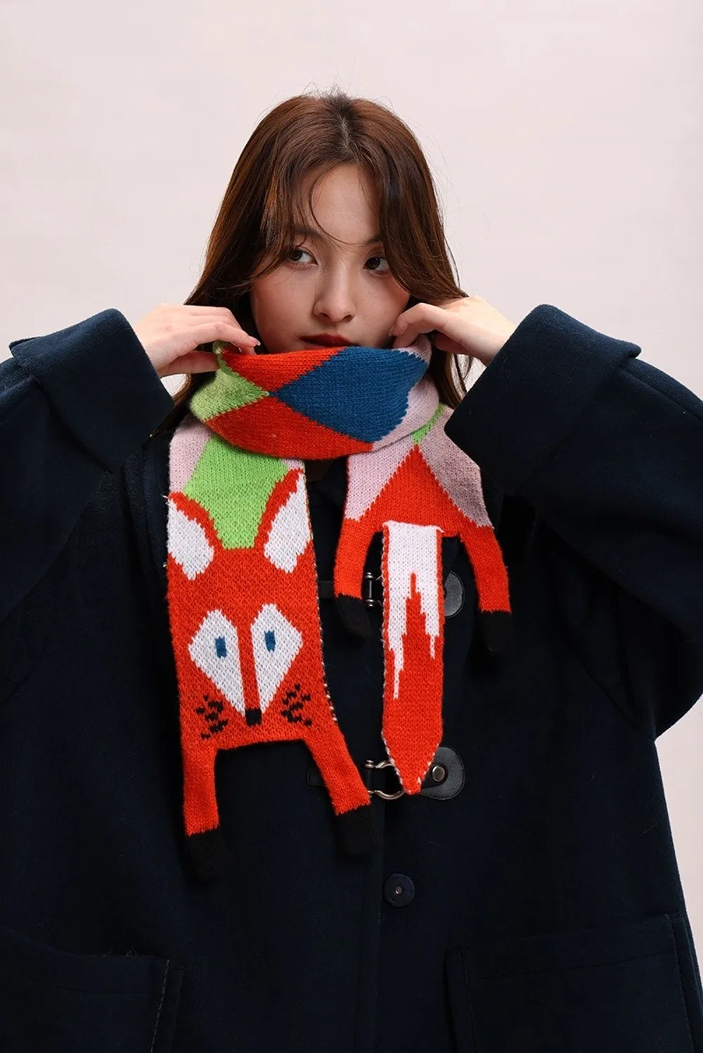 Vielseitiger gestrickter Schal im japanischen Stil, Kaschmirimitat, Tier-Cartoon-Fuchs-Schal, trendiger Herbst-Winter-warmer Schal – Detail 6