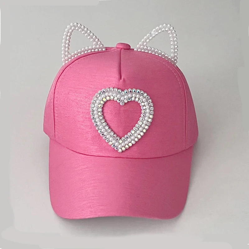 Baseball Cap Girls Sun Protection Caps Cat Ear Kids Baby Sun Hat Rhinestone Hearts