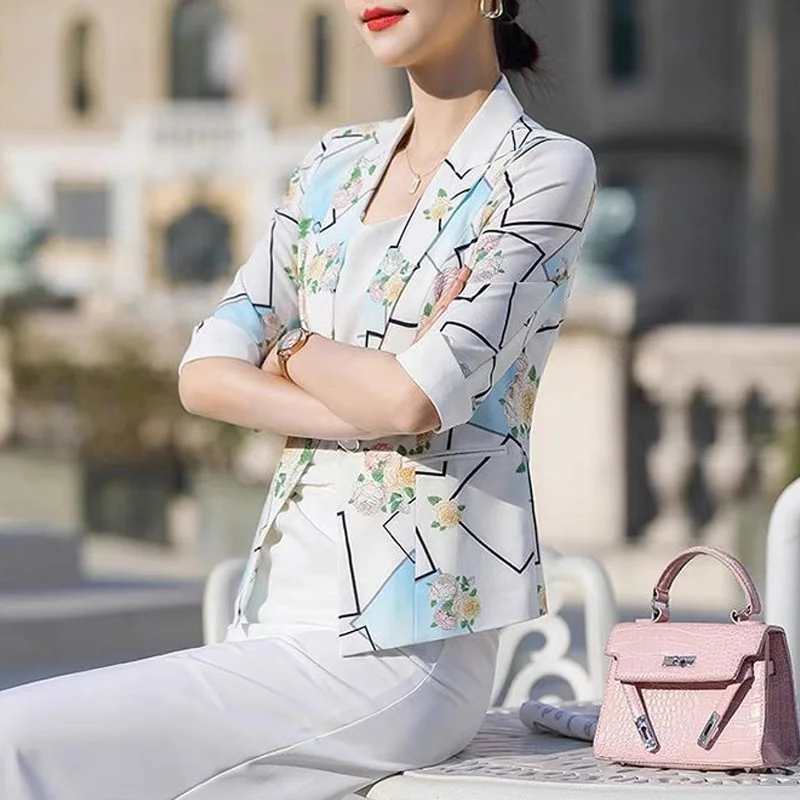 2024 New Spring and Summer Urban Commuting Style OL Fashion Print Slim Fit Versatile Three Quarter Single Breasted Suit Coat
