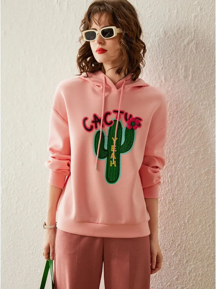 LOUIS YAO Women Sweatshirt Hoodie 2024 Spring New Long Sleeve Loose Fit Print Letter Pullover Detachable Flower Casual Tops