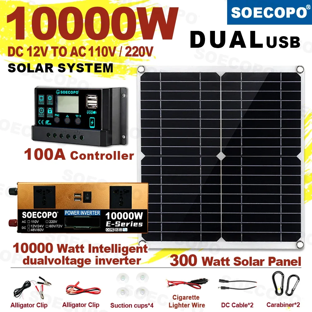 Solar Panel Kit Solar Controller Grid Solar Inverter 10000W Solar System 300W Panel 100A MPPT Controller Smart Inverter 12V/24V to 110V 220V AC for Home RV Camping CE FCC