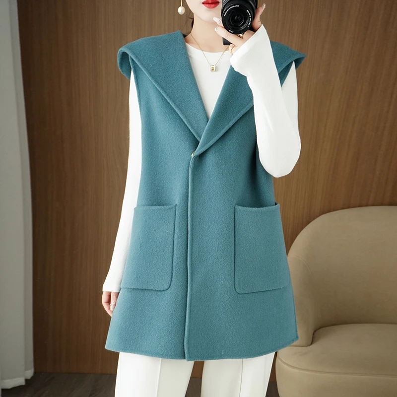 2023 Autumn New Double Sided Woolen Coat Women's V-Neck Sleeveless 100% Pure Wool Mid Length Pocket Solid Color Hooded Wool Top 2023 spliced slim fit women s round neck sleeveless hollow out milk silk solid color bodysuit women length lyrical dress