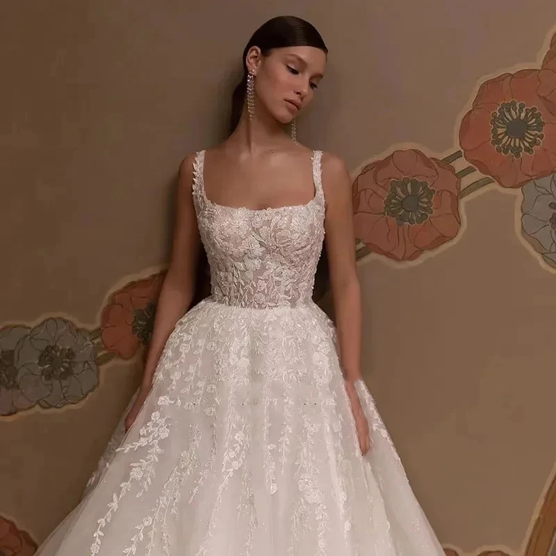 Classic Wedding Dresses A-Line Tulle Bridal Gowns Lace Appliques Square Collar Sleeveless Robes Vestidos De Novia Customized 3