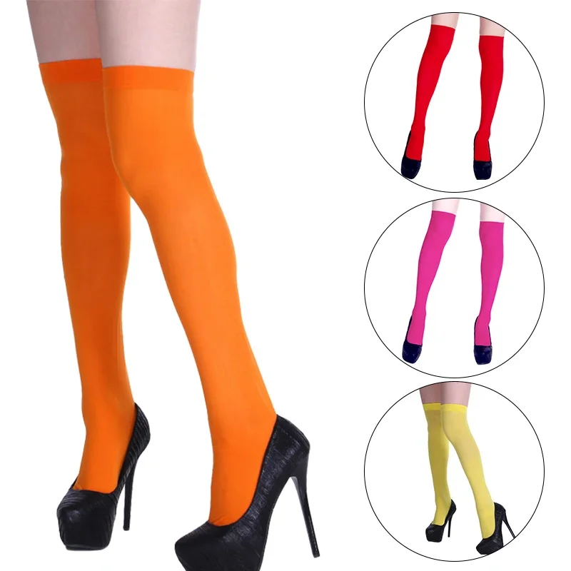 Neon Color Thigh High Stockings Women Sexy Stockings Orange Yellow Evening Party Wear Kniekousen Knee High Socks For Women Girls