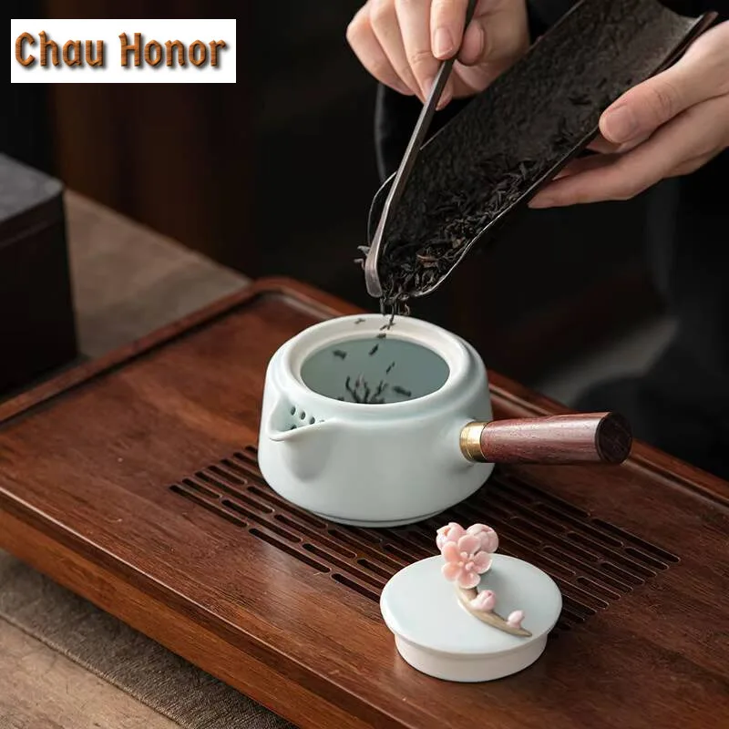 200ml Boutique Celadon Handmade Knead Plum Blossom Ceramic Side Handle Tea Maker Pot With Filter Kungfu Teaware Accessories Gift