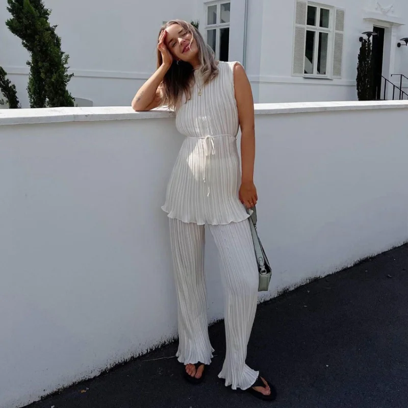 Spring and Summer Fashion Casual White Pleated Pants round Neck Tied SleevelessTWomen's Two-Piece T-shirtWlj