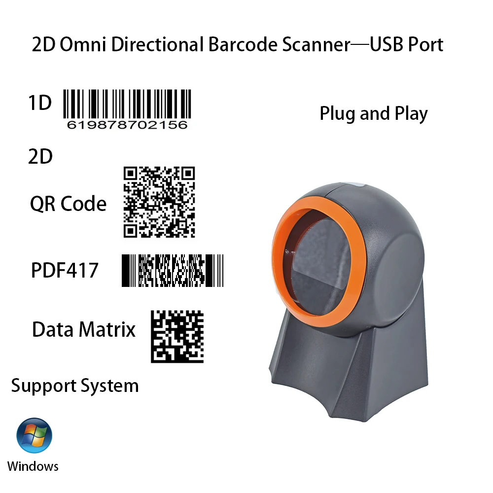 

Desktop Omnidirectional Barcode Scanner USB Wired Hands-Free 1D 2D QR Code Reader Automatic Sense Scanning Decoder