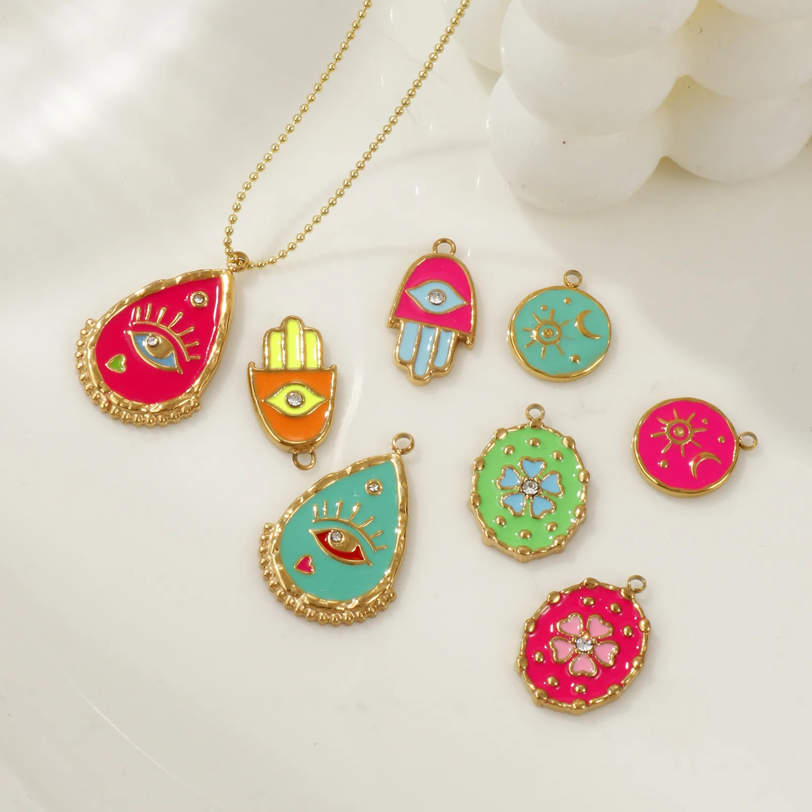 1 Stück 304 Edelstahl Charms 18 Karat vergoldet Emaille Evil Eye Blume Sonne Mond Anhänger für DIY Halskette Schmuckherstellung – Detail 4