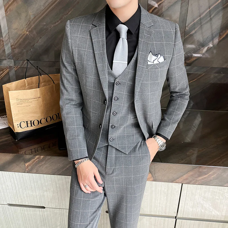 

3 Pcs Set Suit Dress Coat Vest Pants / 2023 Fashion New Men's Boutique Business Slim Fit Plaid Blazers Jacket Trousers Waistcoat