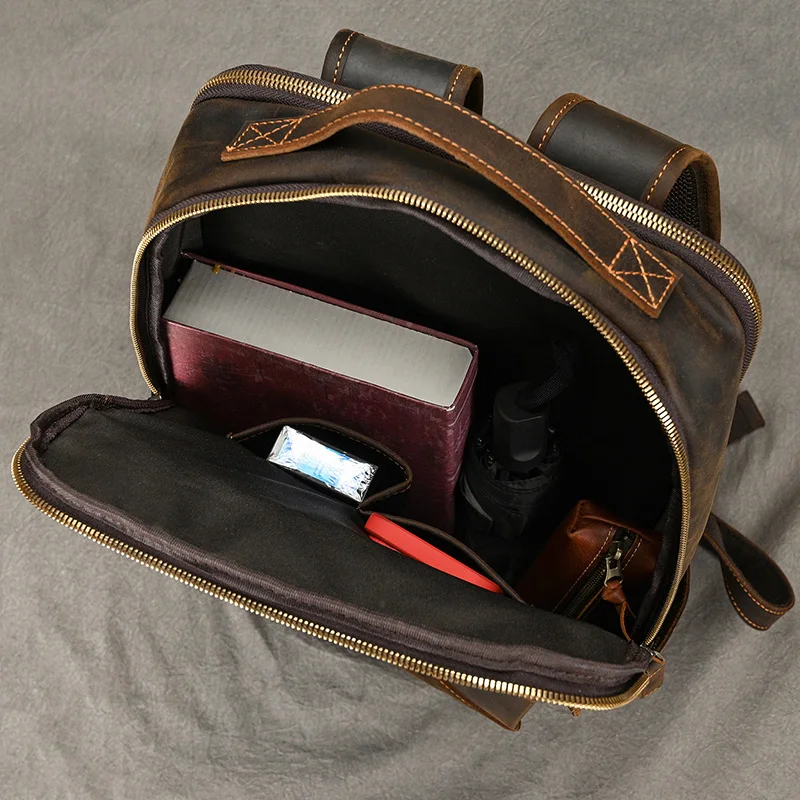 2024Vintage Travel Backpack leather double zipper bagpack male crazy horse leather backpack handmade leather travel bag men bag