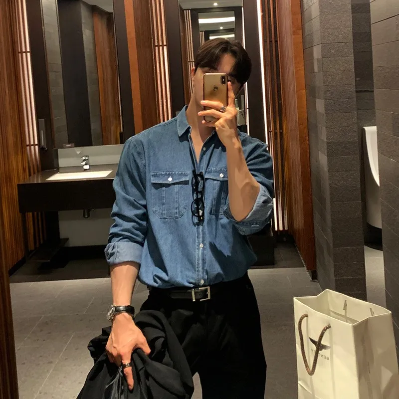 Denim Shirt Autumn Men's Light Luxury Retro Popular Denim Shirt Leisure Long Sleeve Button-down Premium Solid Color Business Pocket Shirt