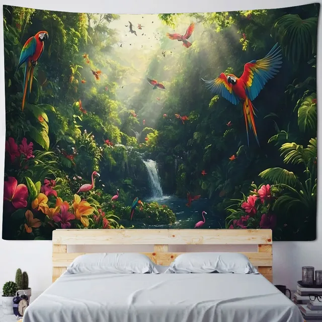 Tapisserie d'art d'oiseau de la jungle, scène psychédélique, décoration de maison, tenture murale Hippie Boho, décor de pièce esthétique, décor mural de maison, tapis de Yoga 2