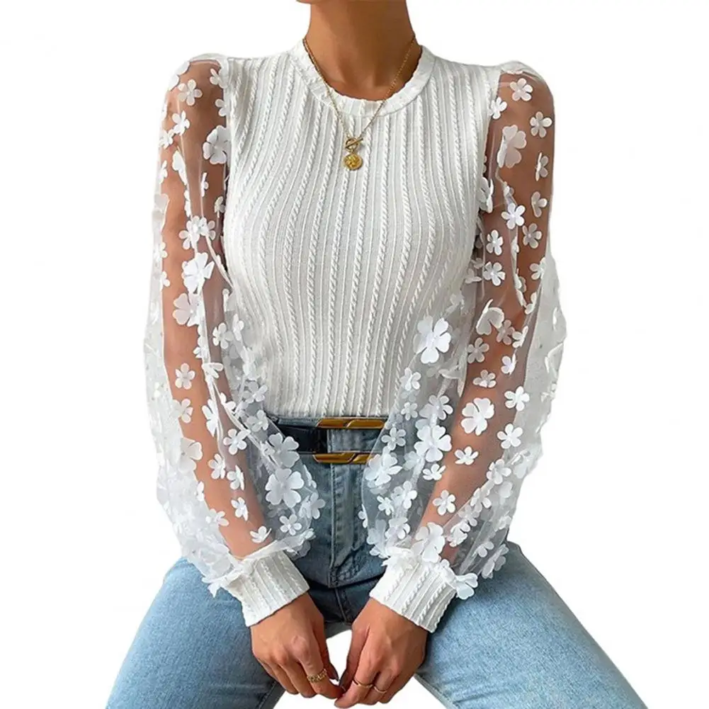 

Elegant Women Shirt See-through Mesh Flower Applique Round Neck Long Sleeve Solid Color Patchwork Twist Texture OL Commute Top