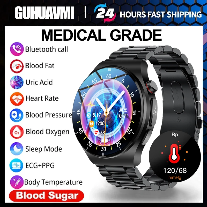 Nuovo Non Invasivo Blood Sugar Smart Watch Men Blood Lipid Acido Urico Health Monitor Ecg + Ppg Sport Bluetooth Call Smartwatch Women