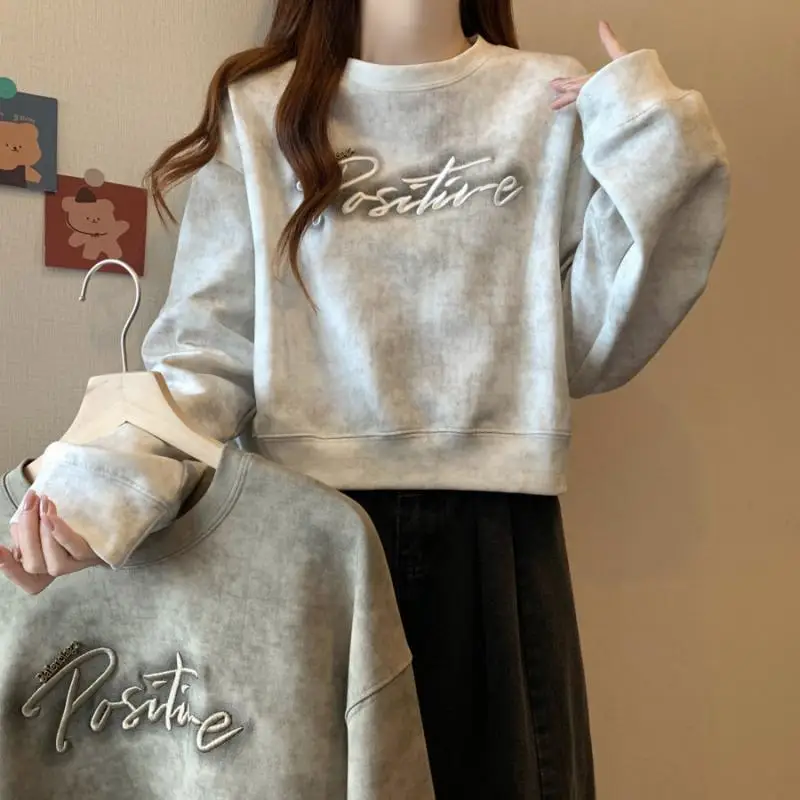 Women's Autumn Winter Fashionable Elegant Round Neck Long Sleeved Pullover Hoodie Casual Versatile Western-style Commuting Tops