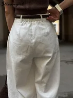 Pantalon en coton et lin blanc pour femmes, jambes larges, formel, été, jambe droite, costume, taille haute, pantalon formel pour dames, ample 5