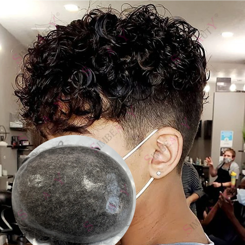 Super Durable Managable Full PU Base Men's Toupee 25mm Curly Natural Hairline #1b Black Brown Grey Human Hair Prosthesis Capill