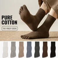 MiiOW 100% Pure Cotton Five Finger Socks Men Thick Crew Socks Sweat Absorbent Antibacterial Breathable Seamless Spilt Toe Sock