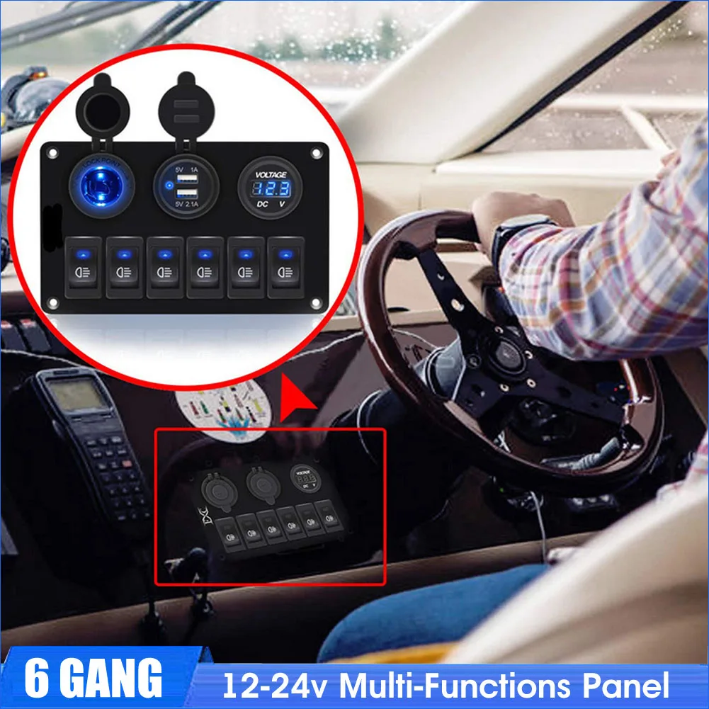 

6 Gang LED Switch Panel 12V Power Outlet USB Charger 3.1A Digital Voltmeter Toggle Switch Control For Car Boat Camper Marine RV